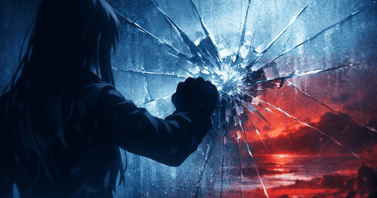 Silhouetted figure striking a shattered glass window with a dramatic red sunset glowing beyond the cracks