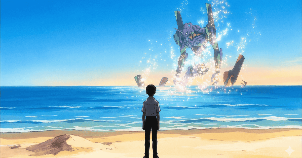 Young boy standing on a beach as a giant purple humanoid mecha rises from the ocean amid sparkling light