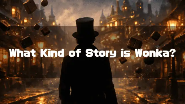 Silhouette of Willy Wonka walking amidst floating chocolates in a magical street. Text reads: "What Kind of Story is Wonka?"