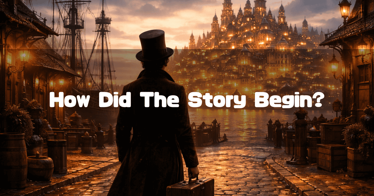Man in a top hat with a suitcase overlooking a glowing port city at sunset. Text reads: 'How Did The Story Begin?'