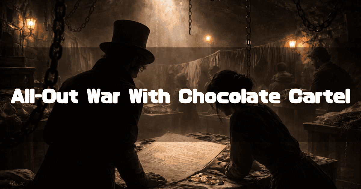 Dark, industrial room with men in top hats planning around a table. Text reads: 'All-Out War With Chocolate Cartel'