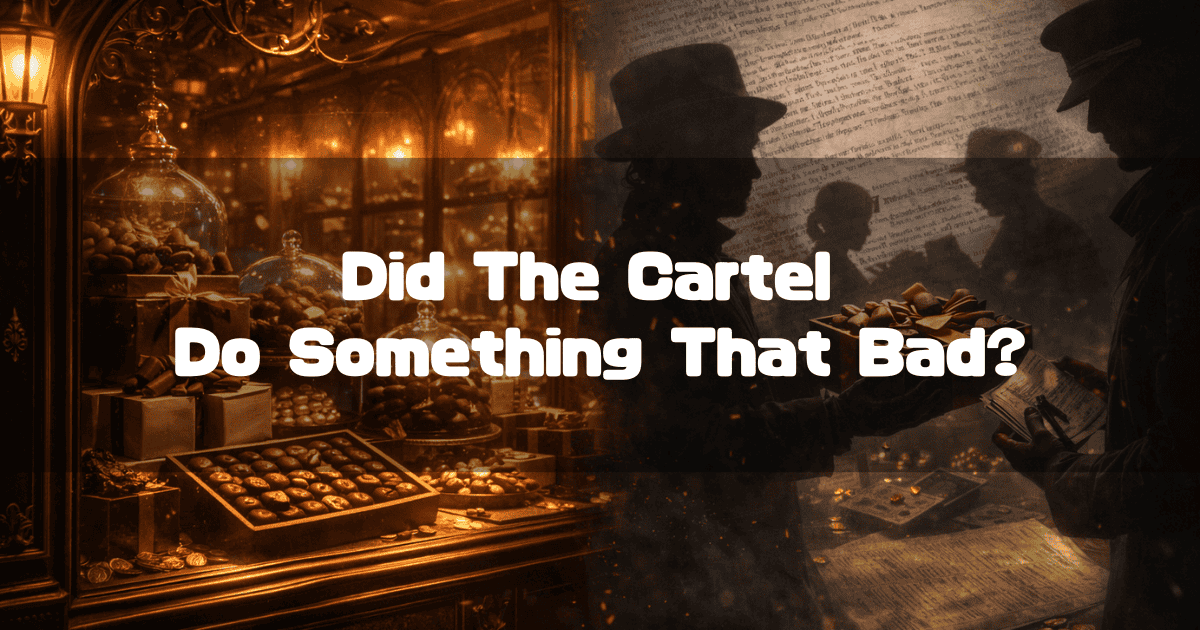 Steampunk chocolate shop window with warm lighting and background silhouettes. Text reads: 'Did The Cartel Do Something That Bad?'