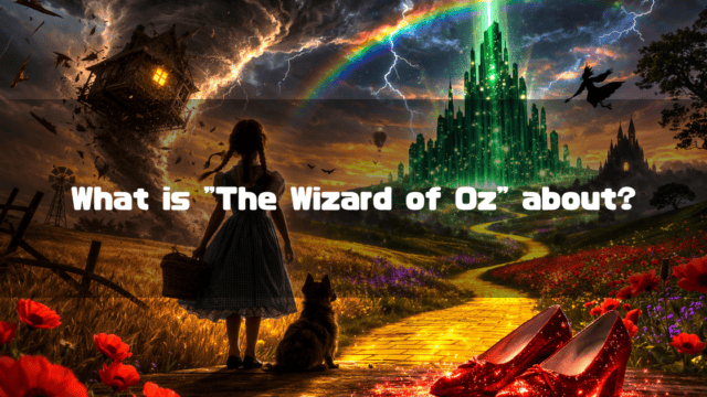 Young girl and dog on a yellow brick road looking toward the Emerald City, surrounded by ruby slippers, a tornado, a rainbow, and a flying witch. Text reads: "What is "The Wizard of Oz" about?".