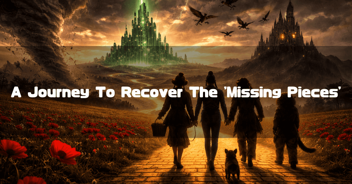 Silhouettes of four characters walking down a yellow brick road towards the glowing green Emerald City under a stormy sky with flying monkeys. Text reads: "A Journey To Recover The 'Missing Pieces'".