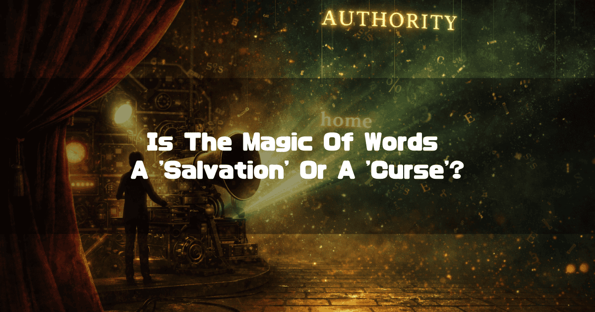Silhouetted figure standing before a glowing mechanical backdrop with floating letters and a red theater curtain. Text reads: "Is The Magic Of Words A 'Salvation' Or A 'Curse?'".