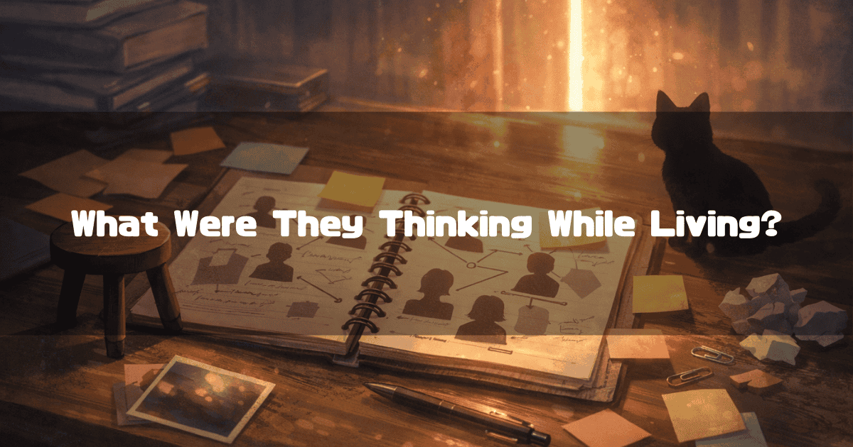 Wooden desk with an open character map notebook, sticky notes, and a black cat silhouette. Text reads: "What Were They Thinking While Living?".