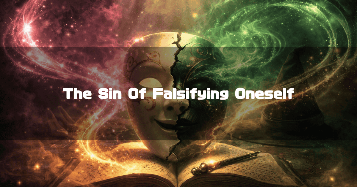 A cracked mask, half light and half shadow, floating above an open ancient book amidst glowing magical smoke. Text reads: "The Sin Of Falsifying Oneself"