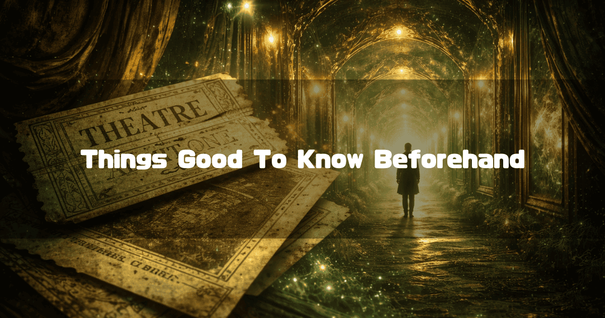 Vintage theater tickets in front of a person walking through a long, glowing arched hallway. Text reads: "Things Good To Know Beforehand"