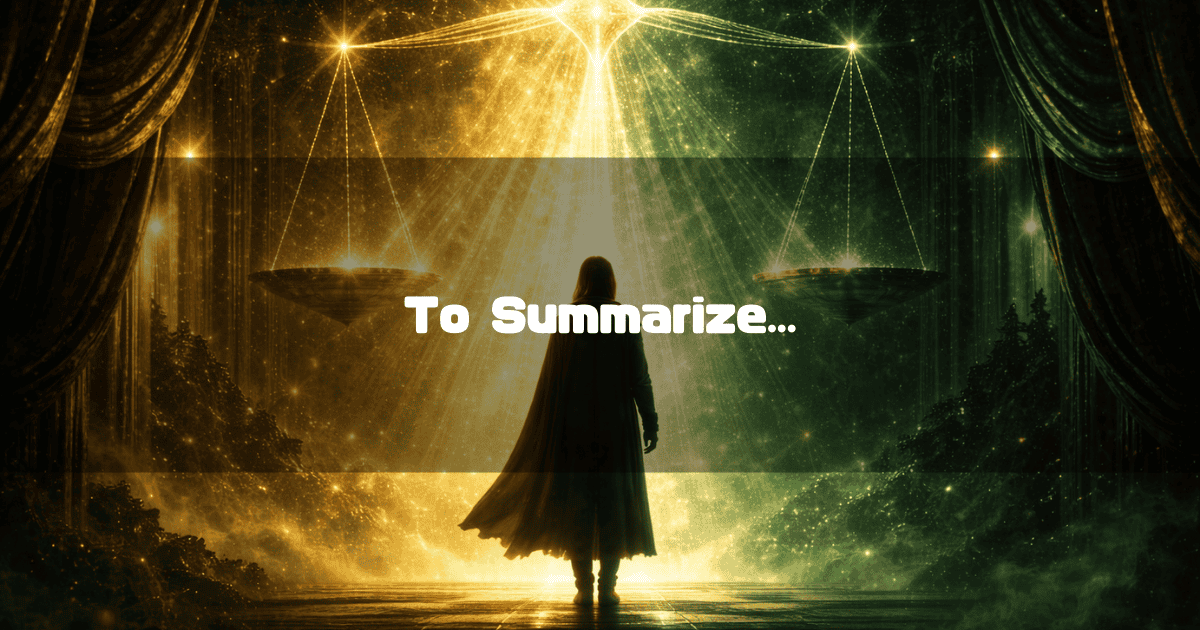 Cloaked figure facing a bright light between two glowing scales on a theatrical stage. Text reads: "To Summarize..."