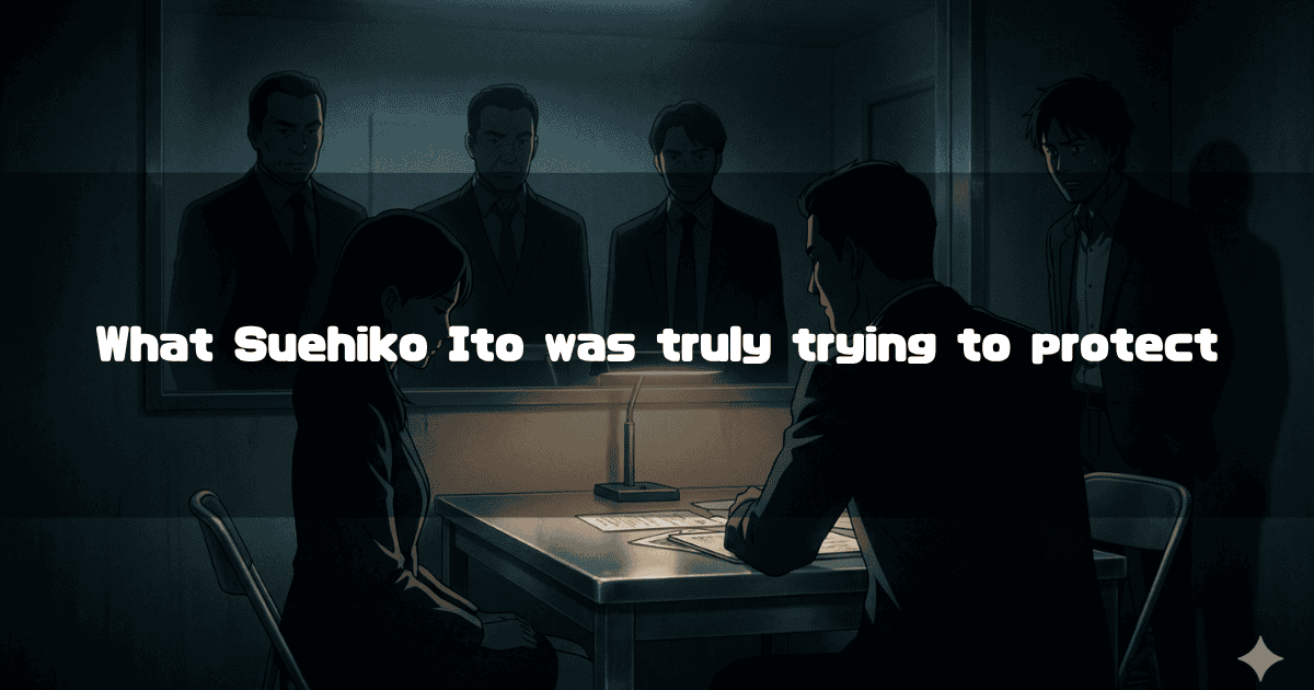 Anime illustration of a woman being interrogated while three men observe through a two-way mirror. Text reads: "What Suehiko Ito was truly trying to protect"