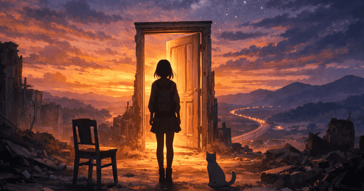 Young woman standing before a glowing open door with a cat amid ruins at sunset, overlooking a winding road and distant mountains