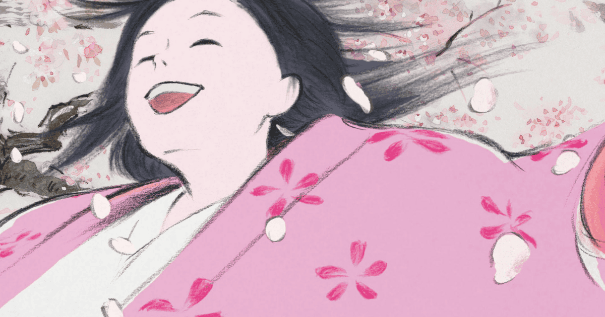 Princess Kaguya laughing beneath falling cherry blossoms in a soft watercolor-style spring scene