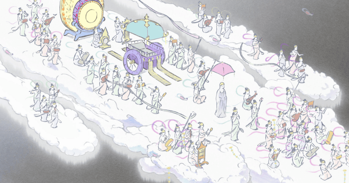 Celestial procession carrying Princess Kaguya through the clouds in The Tale of the Princess Kaguya