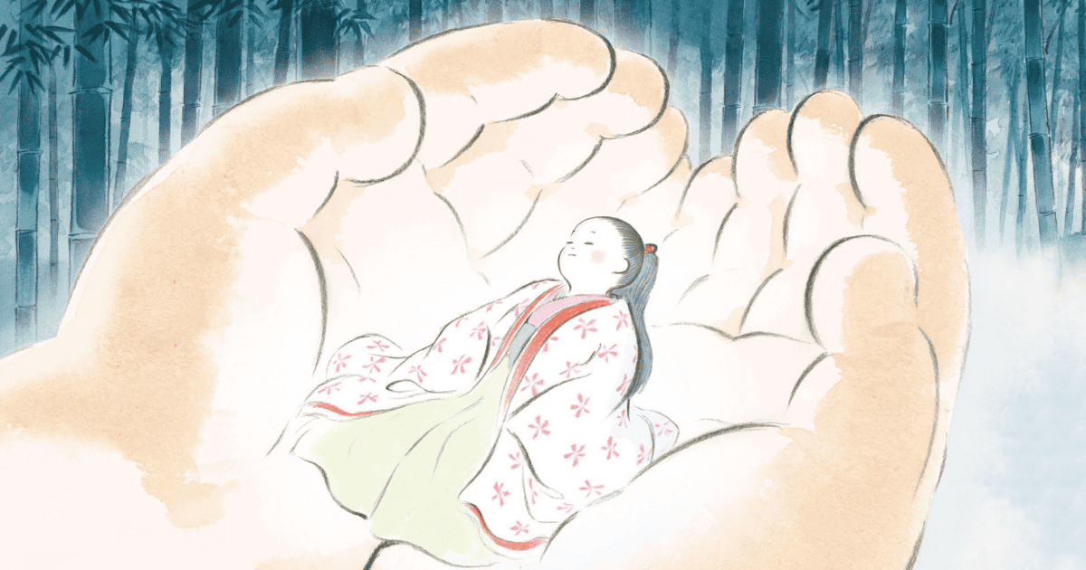 Baby Princess Kaguya resting in giant hands against a misty bamboo forest in The Tale of the Princess Kaguya