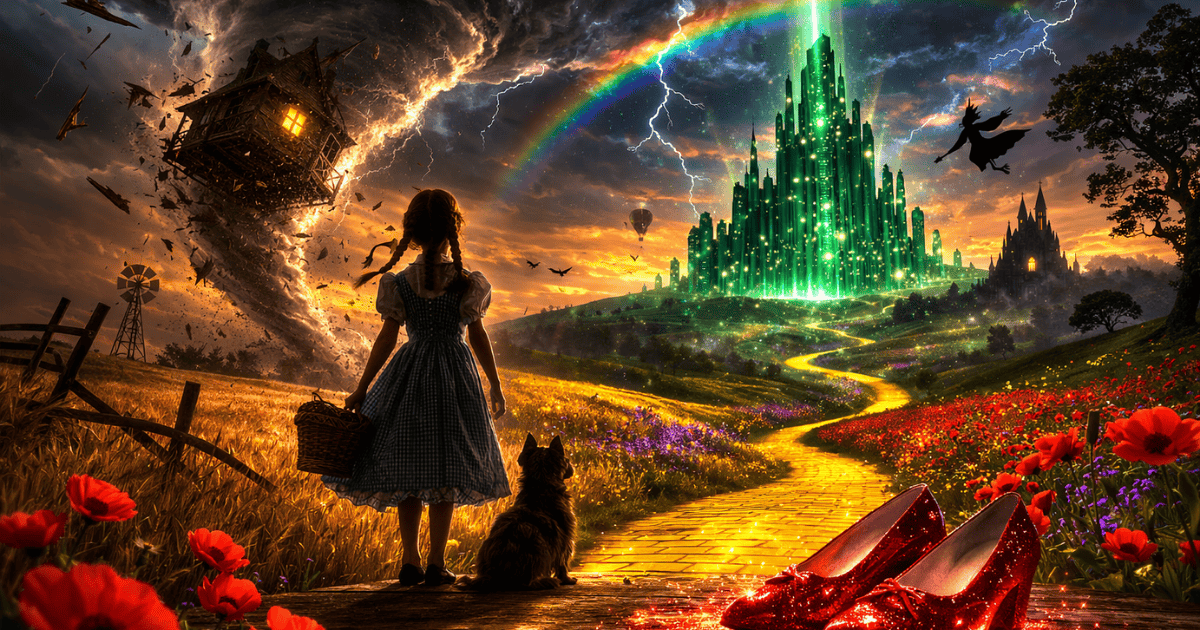 Dorothy and Toto following the Yellow Brick Road toward the Emerald City beneath a rainbow, with ruby slippers, a tornado, and a flying witch in The Wizard of Oz