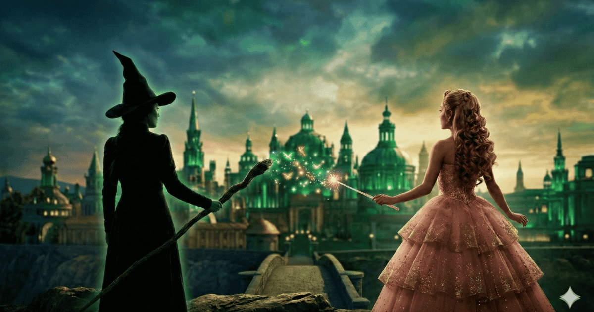 Green-skinned witch and blonde woman in a pink gown facing the Emerald City with magical wands in Wicked