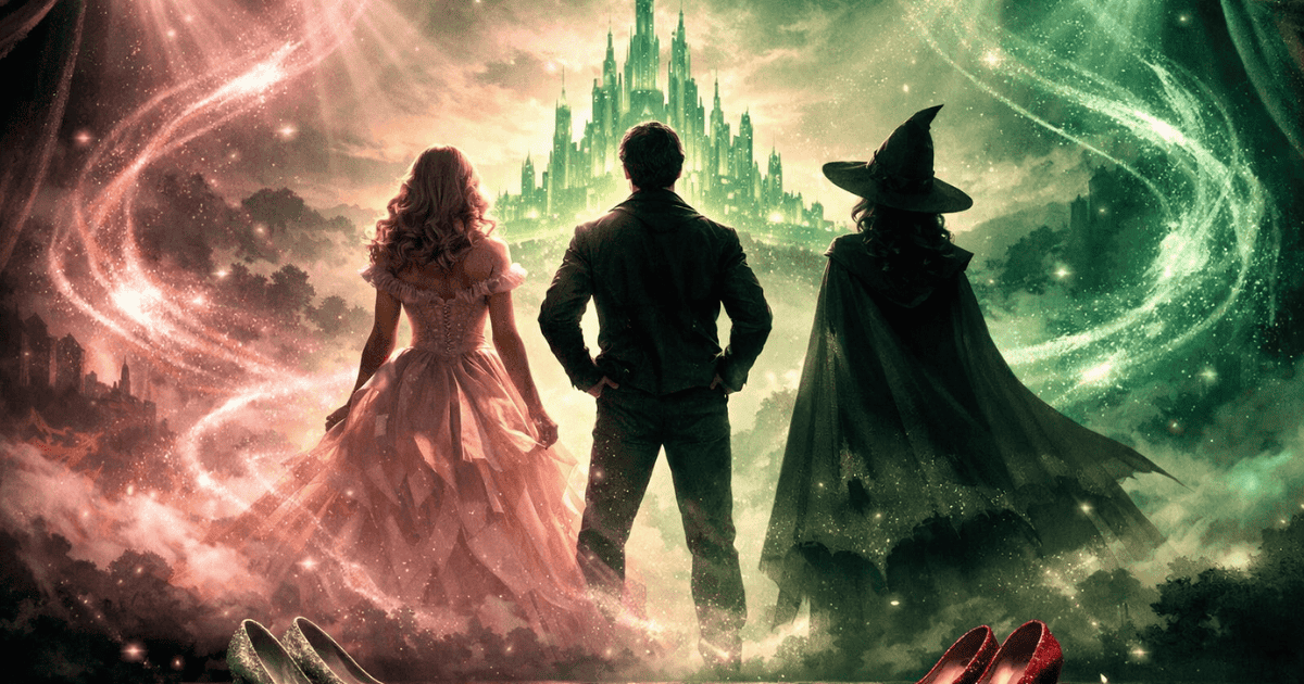 Blonde woman in a pink gown, a man, and a black-clad witch facing the Emerald City amid swirling pink and green magic in a Wicked-inspired fantasy scene