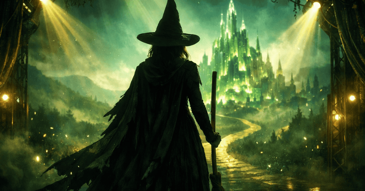 Black-clad witch holding a broom and facing the Emerald City along the Yellow Brick Road in a Wicked-inspired fantasy scene