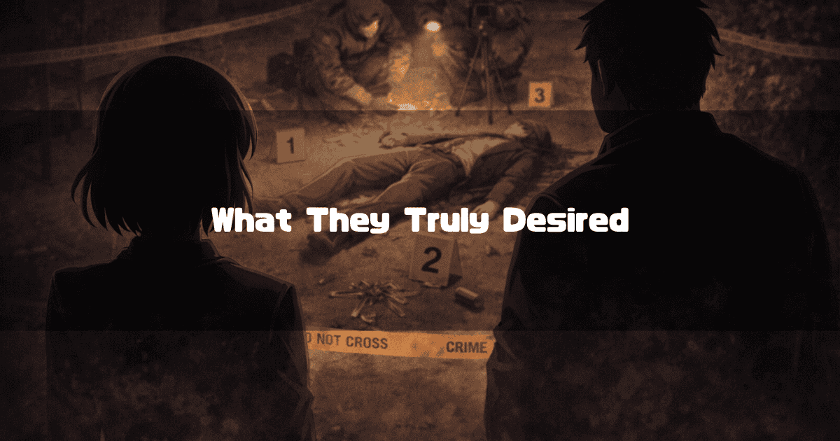 Two people standing before a yellow-taped nighttime crime scene with a victim on the ground and evidence markers. Text reads: "What They Truly Desired"