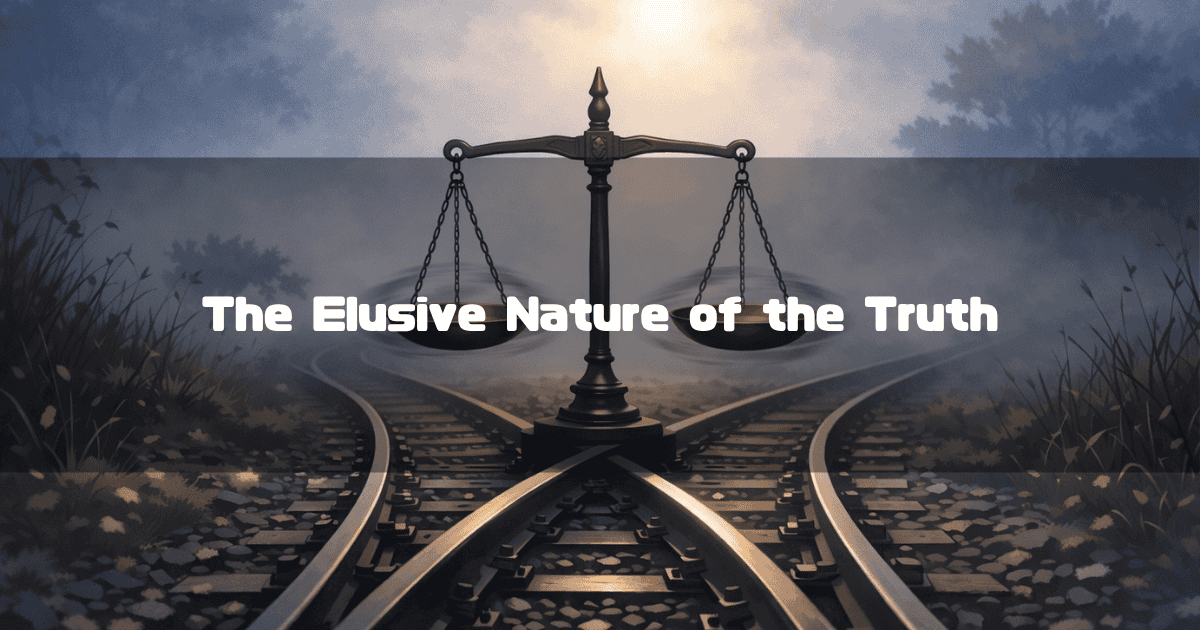 Balance scale positioned at the fork of a train track in a foggy landscape. Text reads: "The Elusive Nature of the Truth"