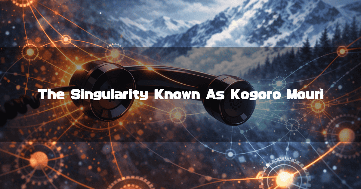 Floating black vintage telephone handset overlaid on glowing digital network connections and snowy mountain peaks. Text reads: "The Singularity Known As Kogoro Mouri"