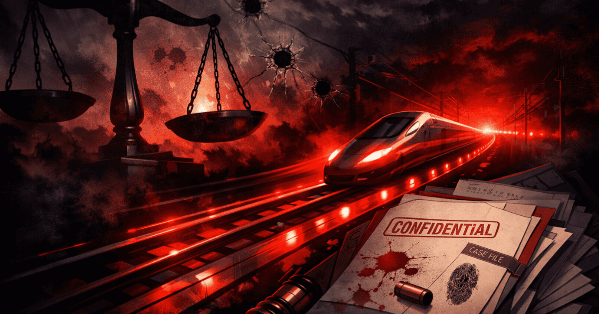 High-speed train racing through a dark murder mystery scene with scales of justice, bullet holes, confidential case files, fingerprints, and forensic evidence