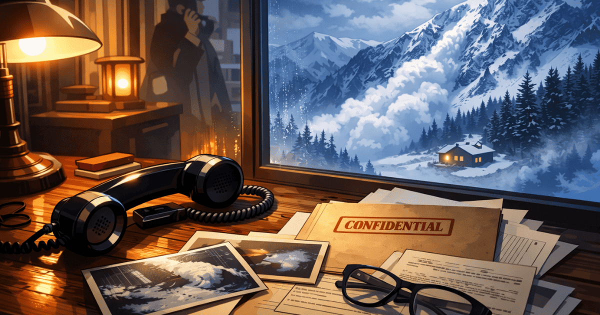 Confidential case files, telephone, and crime scene photographs on a desk overlooking an avalanche near a remote mountain cabin