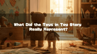 Two stuffed toys facing a sunlit door in a playroom. Text reads: "What Did the Toys in Toy Story Really Represent?".
