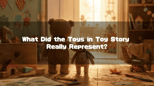 Two stuffed toys facing a sunlit door in a playroom. Text reads: "What Did the Toys in Toy Story Really Represent?".