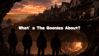 Four silhouetted children stand in a cave overlooking a coastal town at sunset. Text reads: "What's The Goonies About?".