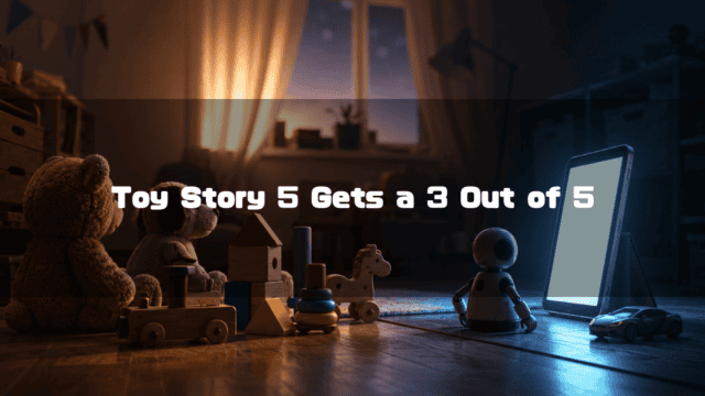 Various toys including a teddy bear and robot sit on a dimly lit bedroom floor looking at a glowing tablet. Text reads: "Toy Story 5 Gets a 3 Out of 5"