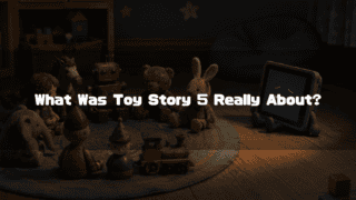 Classic toys sitting in a circle on a rug in a dark room next to a glowing tablet character with a sad face. Text reads: "What Was Toy Story 5 Really About?"