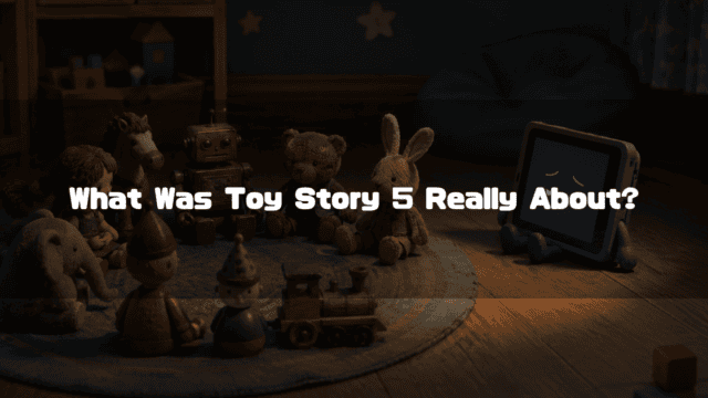Classic toys sitting in a circle on a rug in a dark room next to a glowing tablet character with a sad face. Text reads: "What Was Toy Story 5 Really About?"