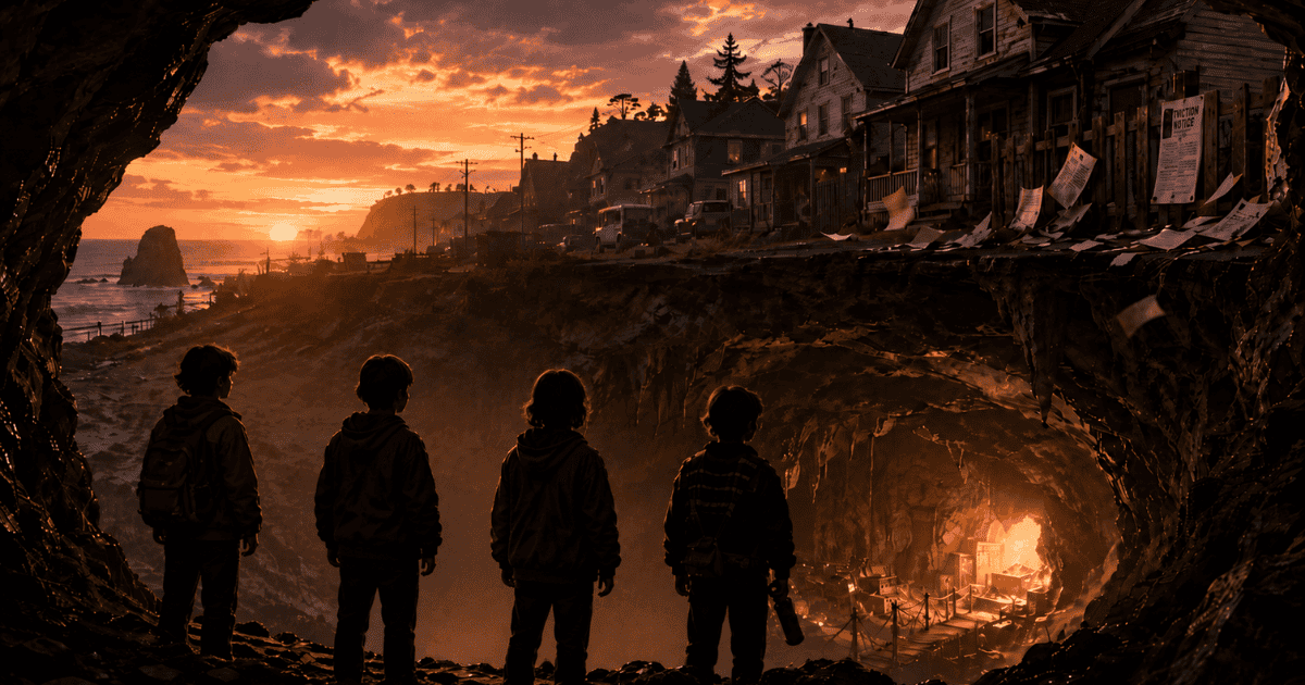 Four children exploring a hidden coastal cave beneath a cliffside town at sunset in a Goonies-inspired adventure scene