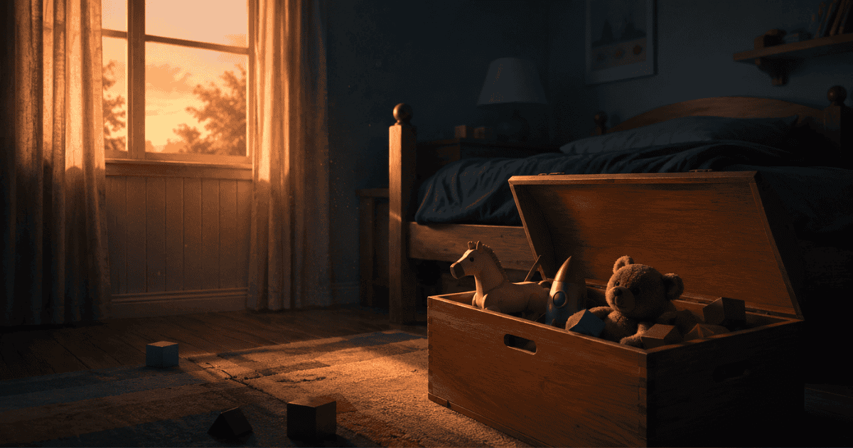 Wooden toy chest filled with childhood toys in a softly lit bedroom at sunset, symbolizing nostalgia, memory, and growing up
