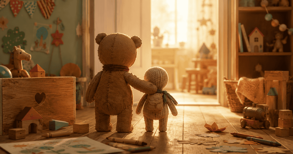 Teddy bear comforting a smaller toy in a sunlit children’s bedroom filled with wooden toys, symbolizing friendship, childhood, and growing up