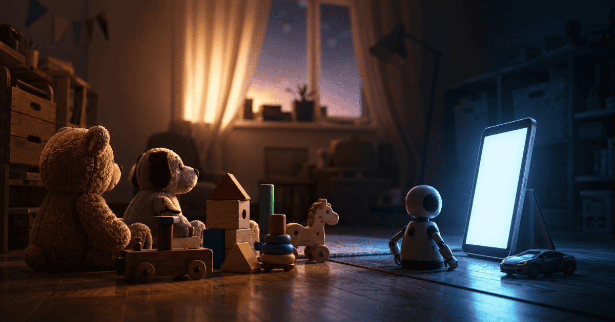 Traditional toys facing an AI robot and glowing tablet in a child’s bedroom, symbolizing the shift from classic playthings to digital technology