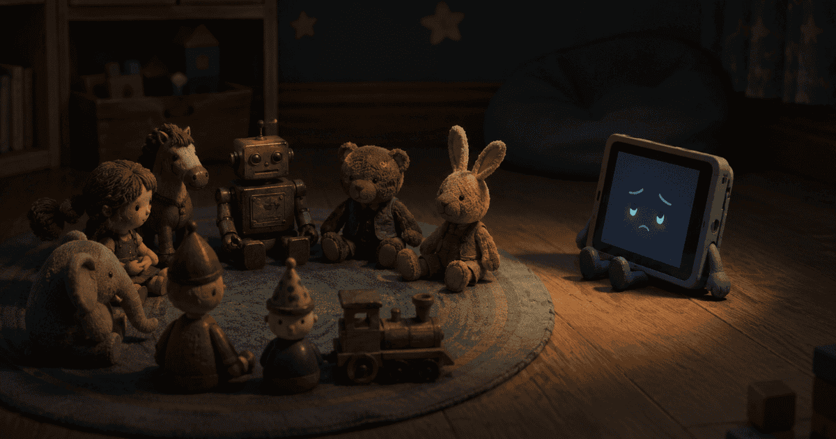 Classic toys gathered together while a sad digital tablet sits apart in a dark child’s bedroom, symbolizing isolation and the contrast between traditional toys and modern technology