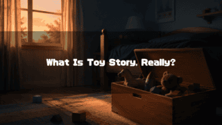 Open wooden toy box holding a teddy bear, toy horse, and rocket in a sunlit bedroom. Text reads: "What Is Toy Story, Really?".
