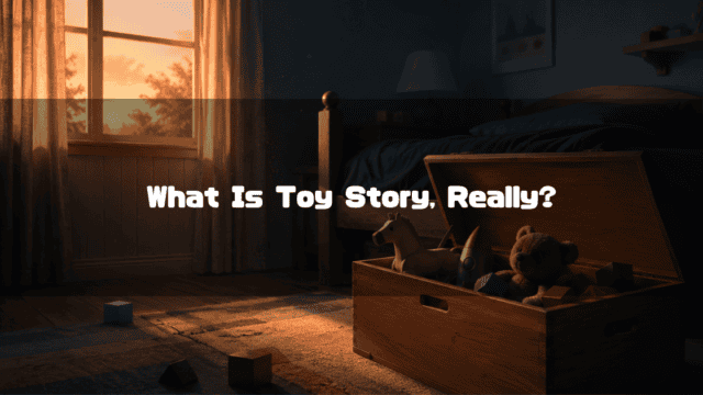 Open wooden toy box holding a teddy bear, toy horse, and rocket in a sunlit bedroom. Text reads: "What Is Toy Story, Really?".