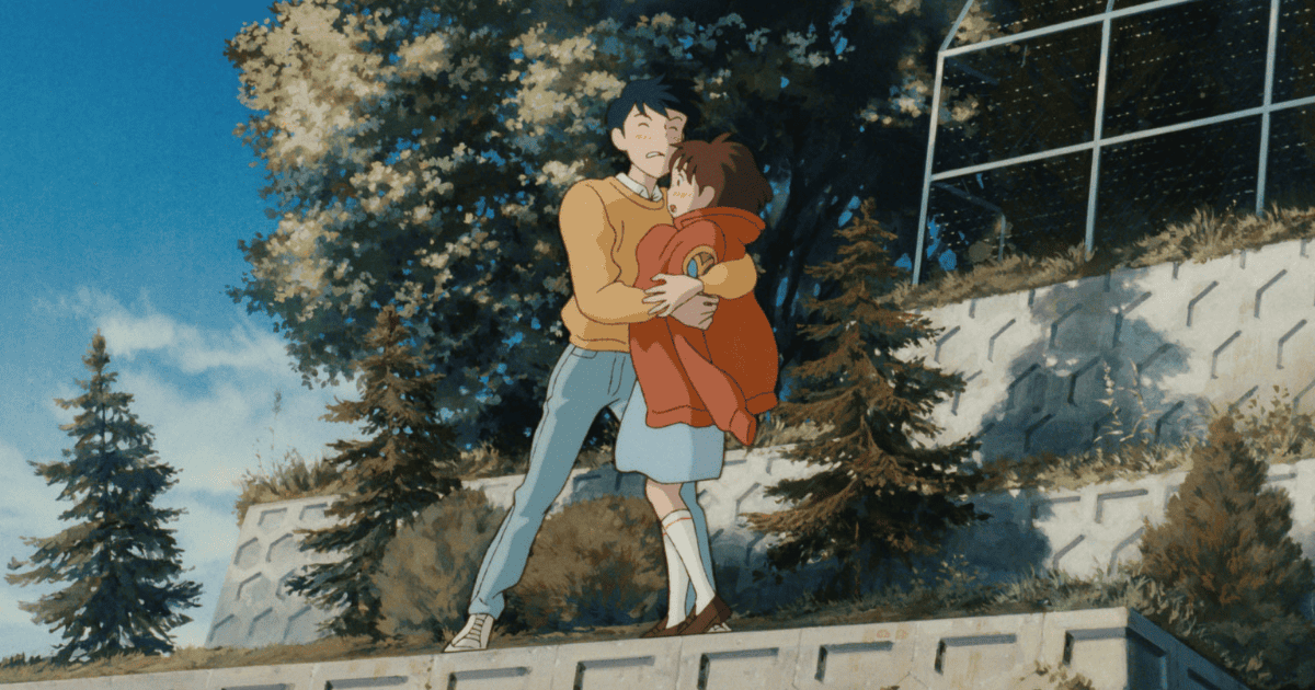 alt="Shizuku Tsukishima and Seiji Amasawa embracing in Whisper of the Heart, Studio Ghibli's 1995 coming-of-age romance"