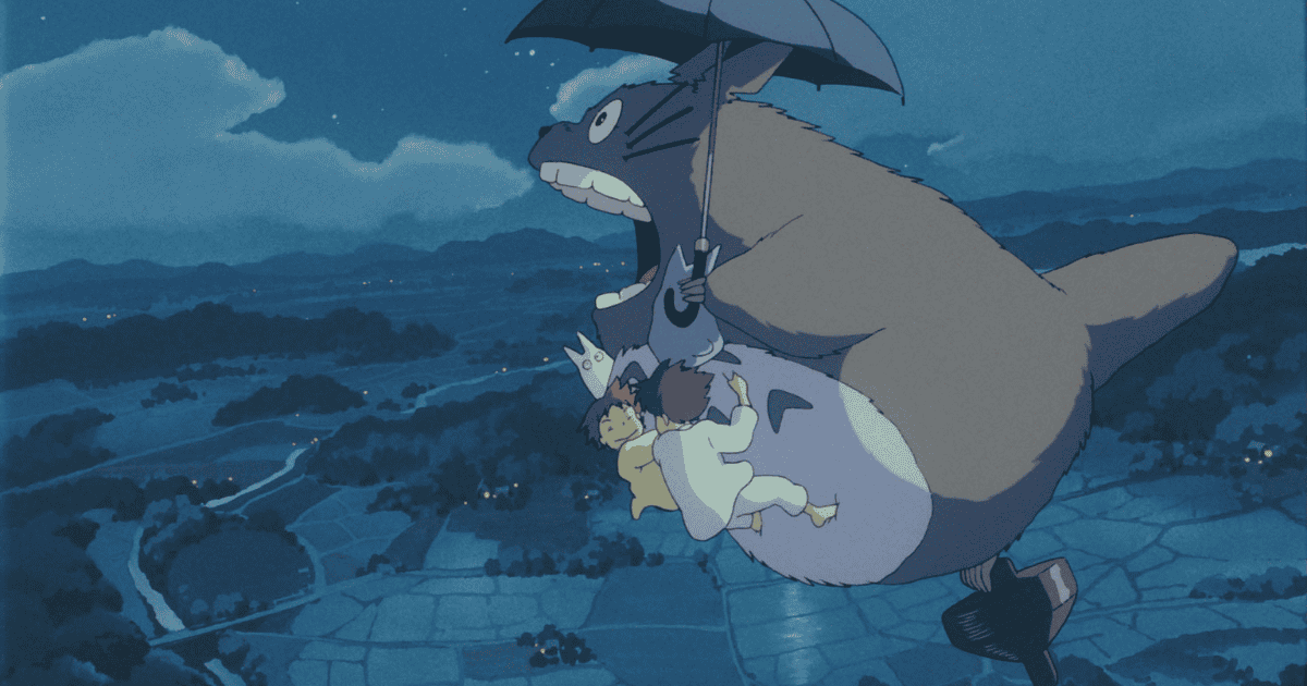 Totoro flying through the night sky with Satsuki and Mei clinging to him in My Neighbor Totoro