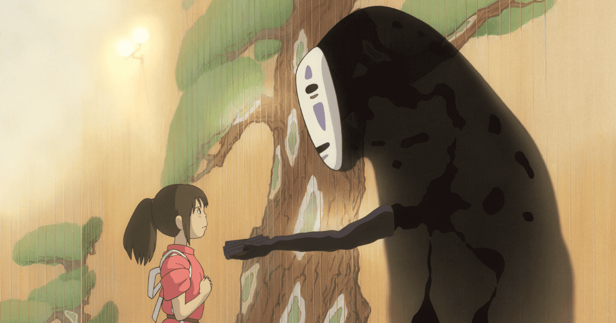 Chihiro facing No-Face in Spirited Away, the Studio Ghibli film by Hayao Miyazaki