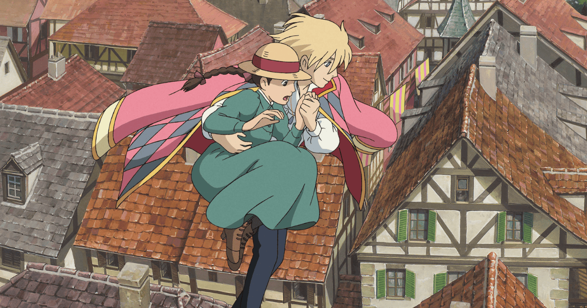 Howl carrying Sophie above the rooftops in Howl's Moving Castle