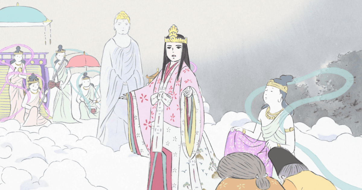 Princess Kaguya surrounded by celestial beings arriving from the Moon in The Tale of the Princess Kaguya