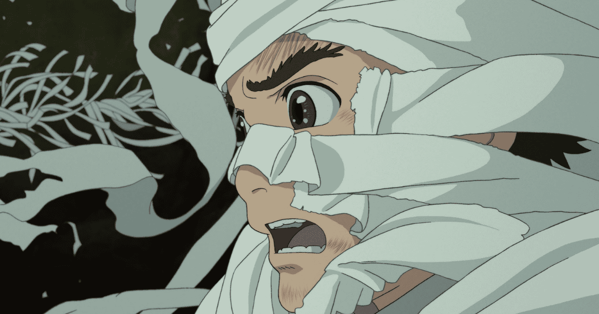 Mahito surrounded by swirling white paper in The Boy and the Heron