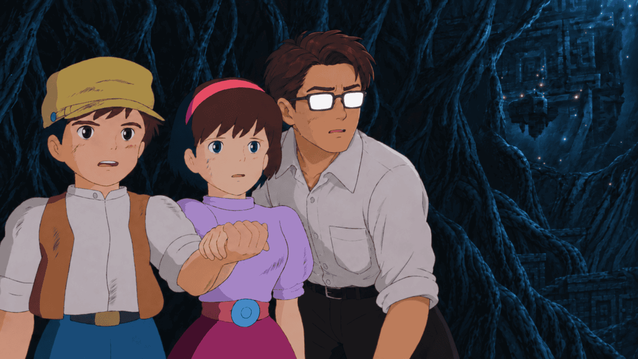 Pazu, Sheeta, and a man with glasses look ahead inside Laputa's root-covered ruins.