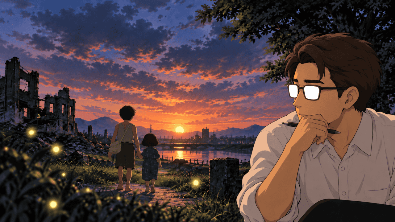 Seita and Setsuko walk hand in hand through wartime ruins at sunset, with fireflies and a thoughtful man wearing glasses in the foreground.