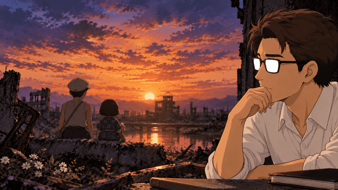 Seita and Setsuko sit side by side facing a ruined city at sunset, while a man with glasses watches them.