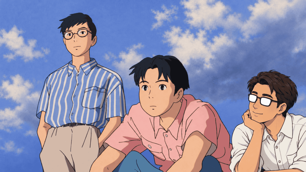 Taku and Yutaka beneath a blue sky, with a man wearing glasses watching from the right.